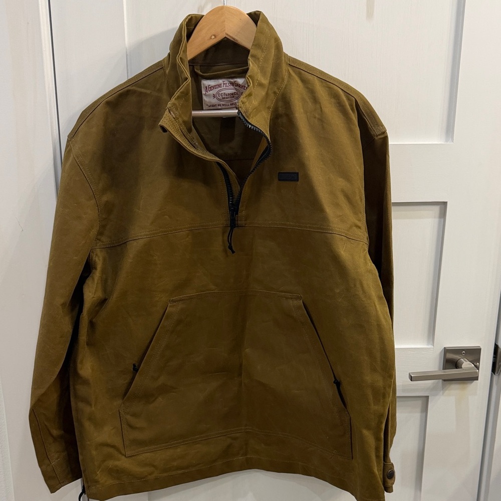Never Worn! Filson Tin Cloth Quarter Zip Pullover in Dark Tan Khaki Waxed Oil.